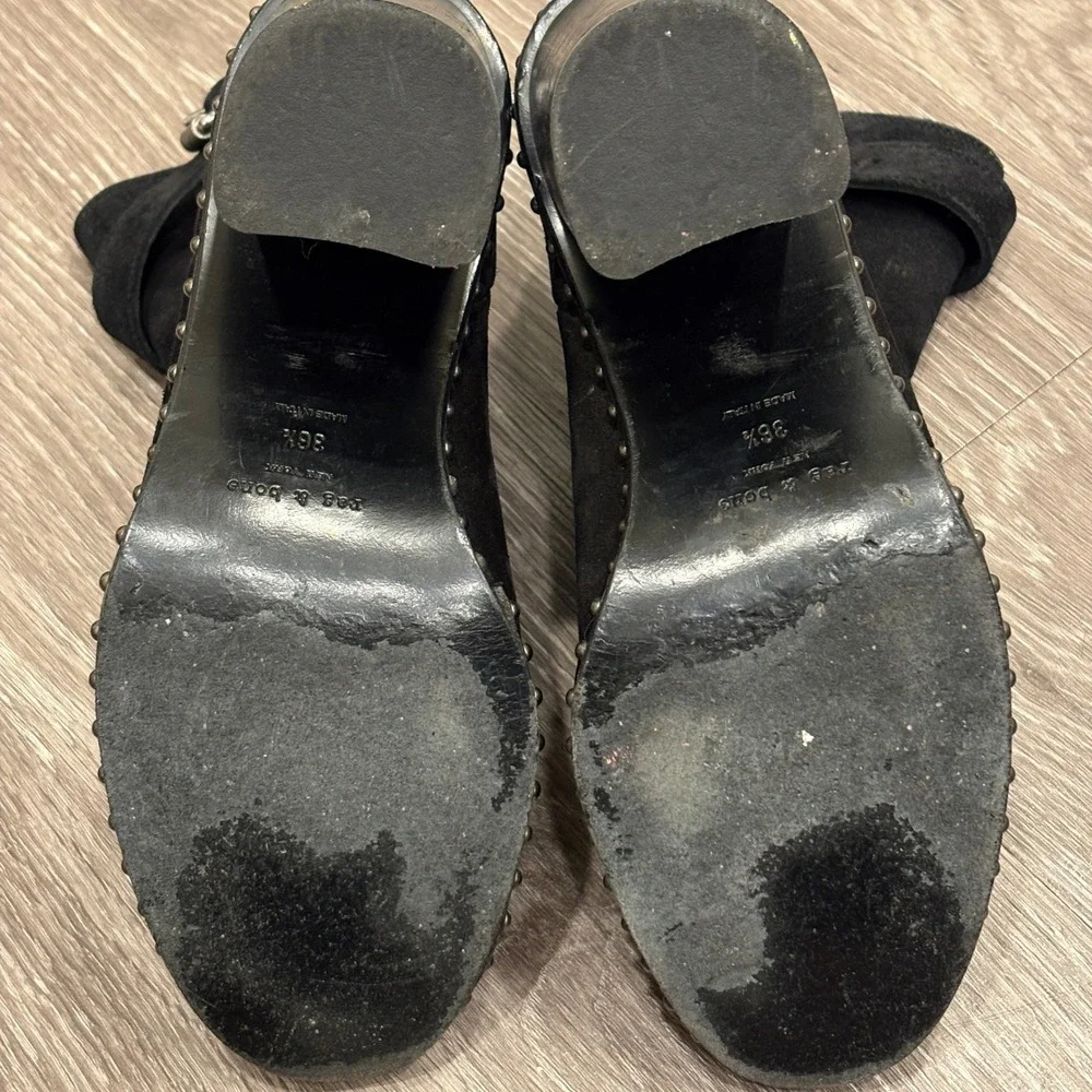 Rag & Bone Romi Black Suede Studded Belted Block Heel Ankle Boots 6.5 Moto Biker